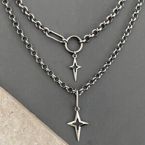 NEW, 2 layered silver necklaces; steel NON TARNISH CHAIN, plated NORTH STAR punk